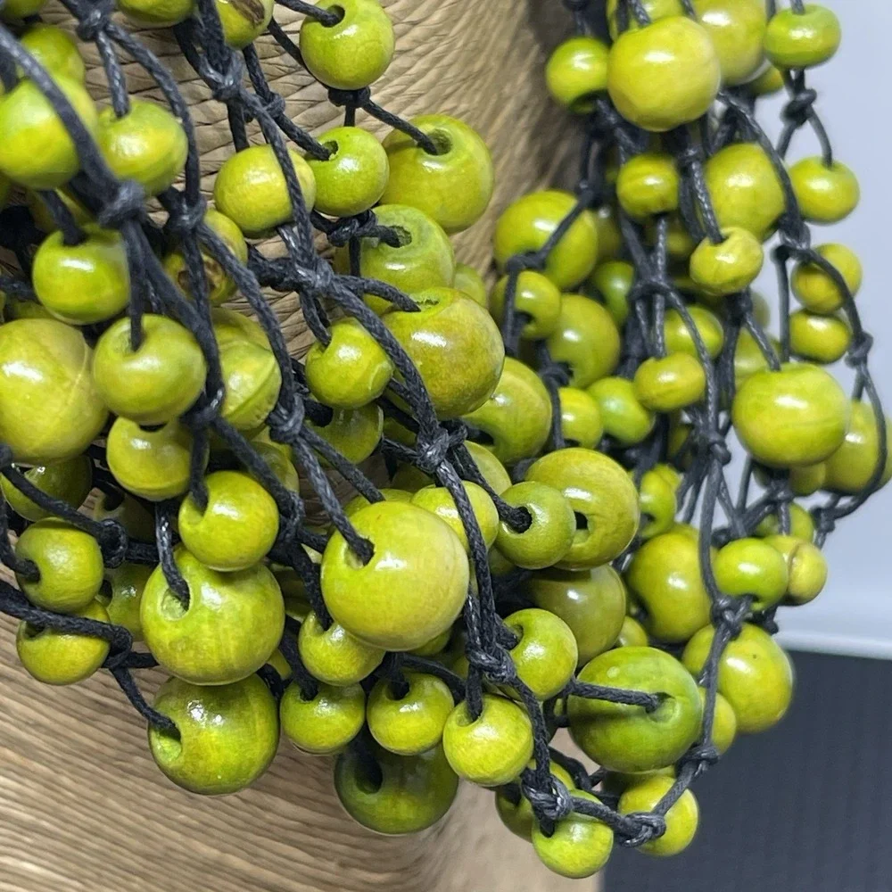 Bohemian Wooden Bead Necklace & Bracelet Set Multi Strand Chunky Lime Green
